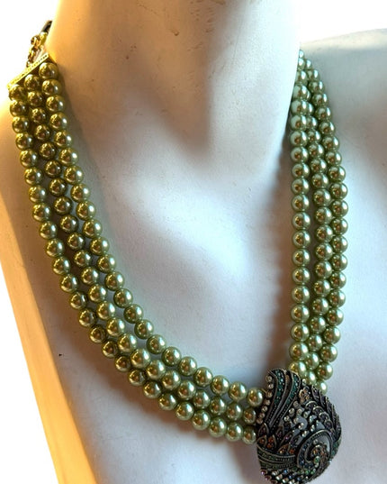 HEIDI DAUS TEARED TAPESTRY THREE STRAND FAUX PEARL GREEN PAISLEY NECKLACE