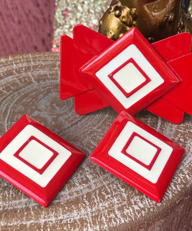 Vintage Enamel Red white geometric brooch &  earrings set nautical 1960s
