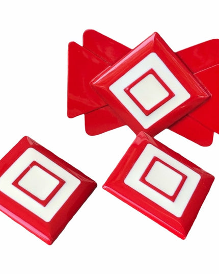 Vintage Enamel Red white geometric brooch &  earrings set nautical 1960s