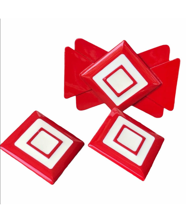 Vintage Enamel Red white geometric brooch &  earrings set nautical 1960s