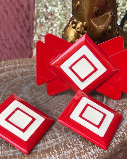 Vintage Enamel Red white geometric brooch &  earrings set nautical 1960s