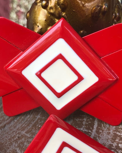 Vintage Enamel Red white geometric brooch &  earrings set nautical 1960s