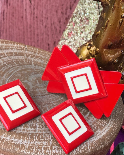 Vintage Enamel Red white geometric brooch &  earrings set nautical 1960s