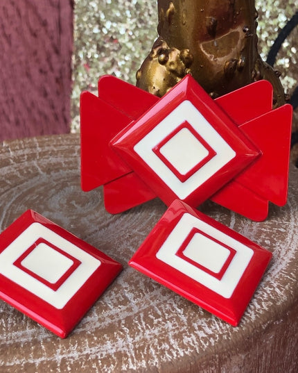 Vintage Enamel Red white geometric brooch &  earrings set nautical 1960s