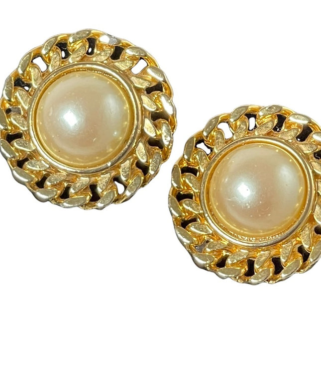 vintage 1980s faux pearl chain design clip on earrings