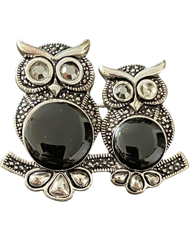 - Silver tone Marcasite 2 owls sitting on a branch brooch