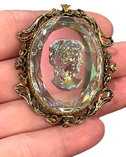 Vintage Cameo Reverse Intaglio Glass Iradescent Brooch Pin