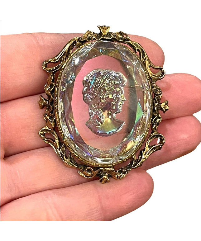 Vintage Cameo Reverse Intaglio Glass Iradescent Brooch Pin