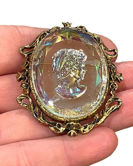 Vintage Cameo Reverse Intaglio Glass Iradescent Brooch Pin