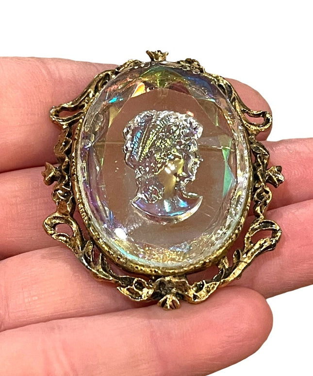 Vintage Cameo Reverse Intaglio Glass Iradescent Brooch Pin