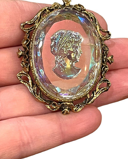 Vintage Cameo Reverse Intaglio Glass Iradescent Brooch Pin