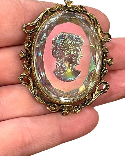 Vintage Cameo Reverse Intaglio Glass Iradescent Brooch Pin