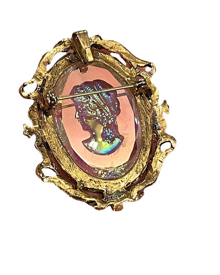 Vintage Cameo Reverse Intaglio Glass Iradescent Brooch Pin