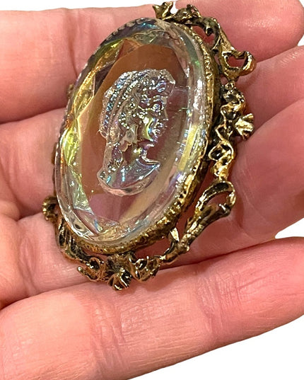 Vintage Cameo Reverse Intaglio Glass Iradescent Brooch Pin