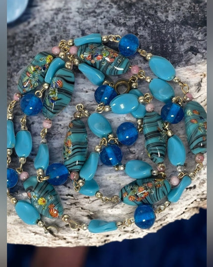 Vintage Blue glass bead Italy Italian Murano bead necklace 30”