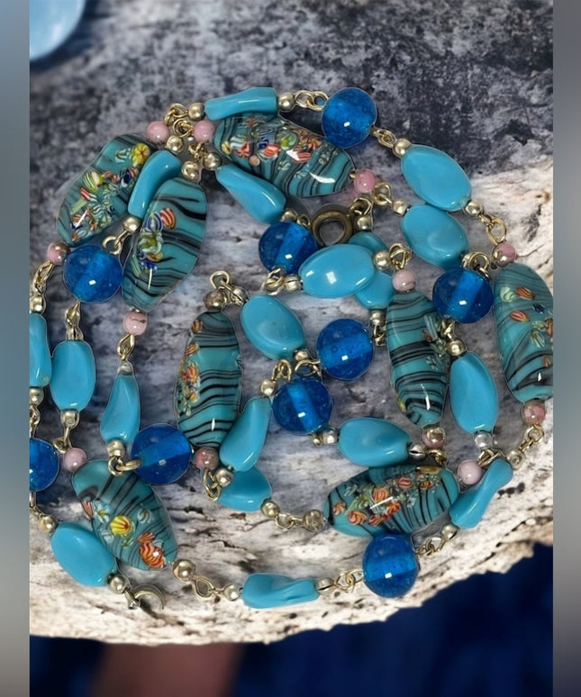 Vintage Blue glass bead Italy Italian Murano bead necklace 30”
