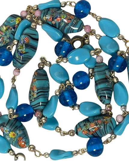Vintage Blue glass bead Italy Italian Murano bead necklace 30”