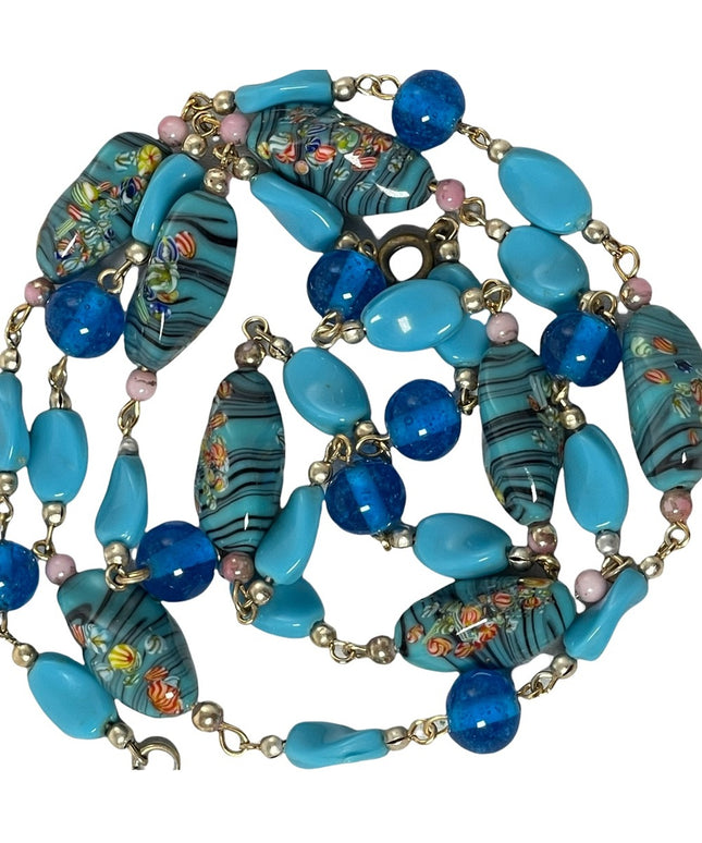 Vintage Blue glass bead Italy Italian Murano bead necklace 30”