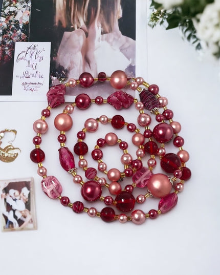 Vintage 1960s Italian murano pink glass bead & faux pearl necklace 34”
