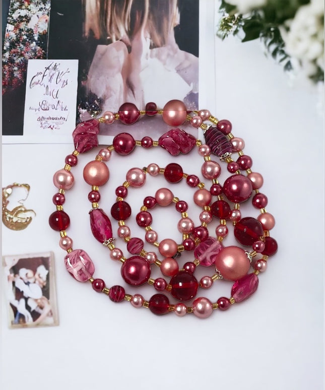 Vintage 1960s Italian murano pink glass bead & faux pearl necklace 34”