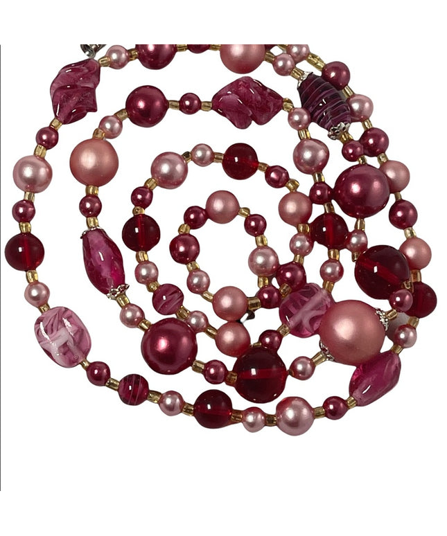 Vintage 1960s Italian murano pink glass bead & faux pearl necklace 34”