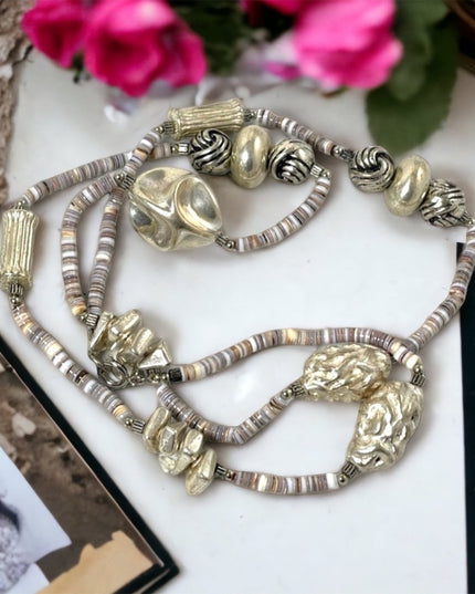 - Vintage Sandra David silver & shell fancy necklace 32”