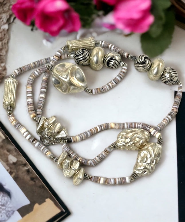 - Vintage Sandra David silver & shell fancy necklace 32”