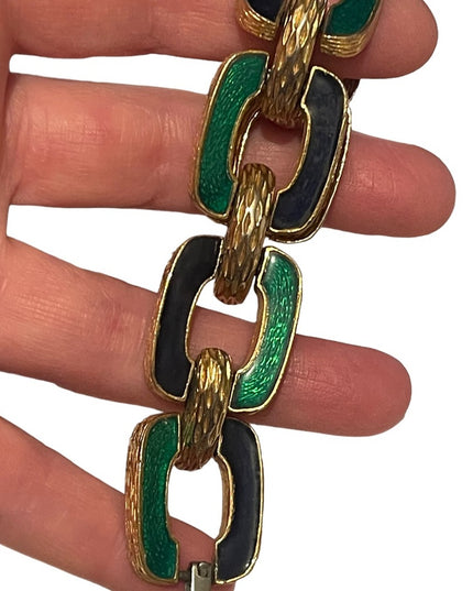 Vintage David Hill Green black enameled 1970s geometric link bracelet go…
