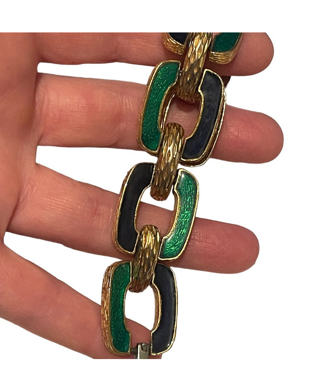 Vintage David Hill Green black enameled 1970s geometric link bracelet go…