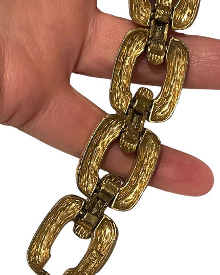 Vintage David Hill Green black enameled 1970s geometric link bracelet go…