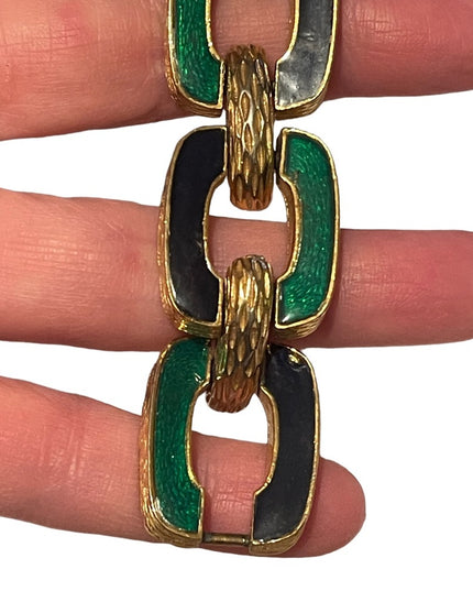 Vintage David Hill Green black enameled 1970s geometric link bracelet go…
