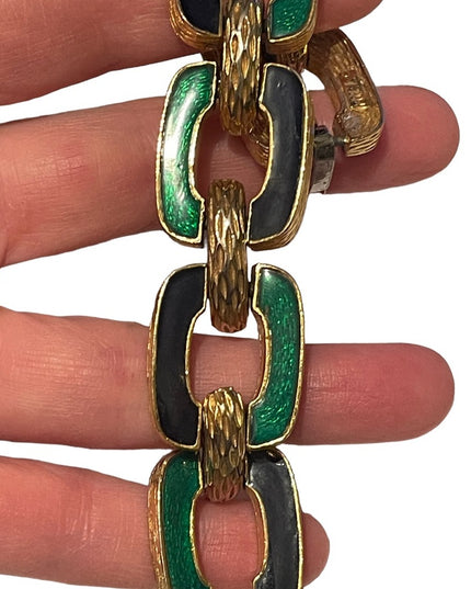 Vintage David Hill Green black enameled 1970s geometric link bracelet go…