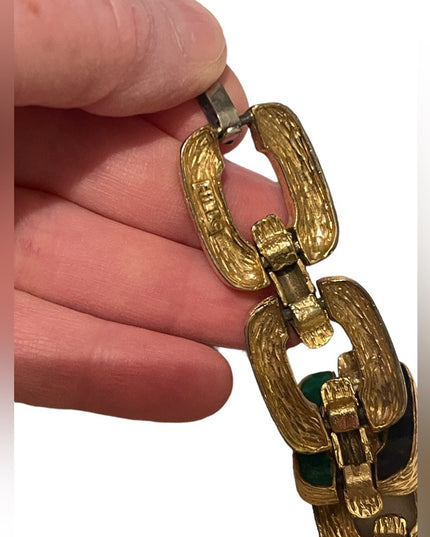 Vintage David Hill Green black enameled 1970s geometric link bracelet go…