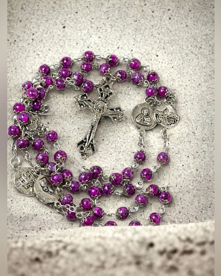 - Vintage purple glass bead silver rosary catholic