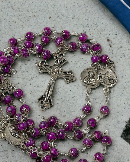 - Vintage purple glass bead silver rosary catholic