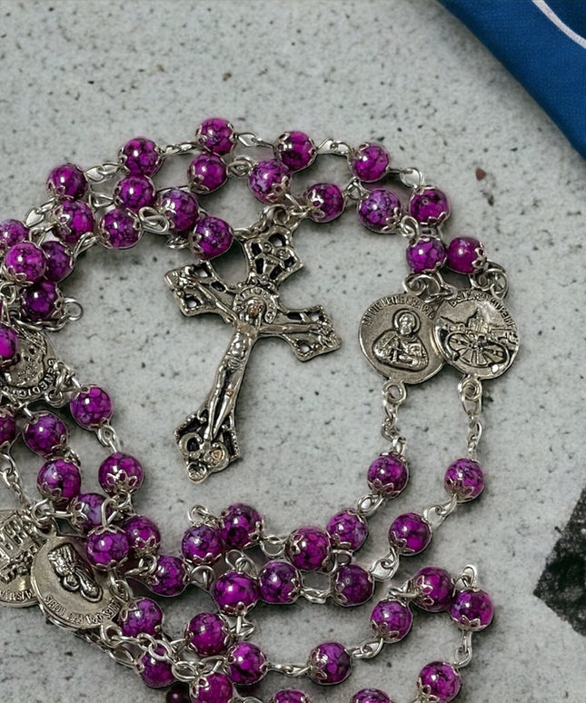 - Vintage purple glass bead silver rosary catholic