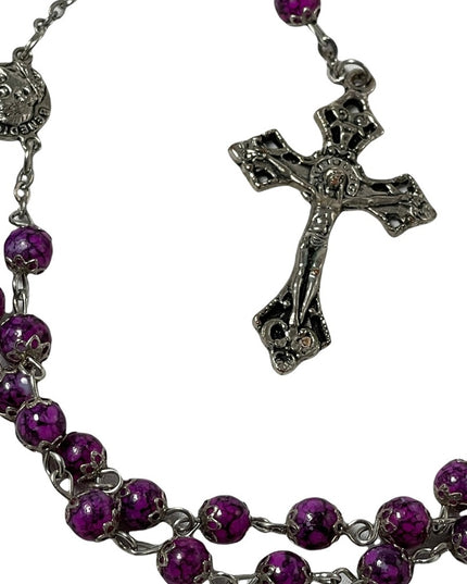 - Vintage purple glass bead silver rosary catholic