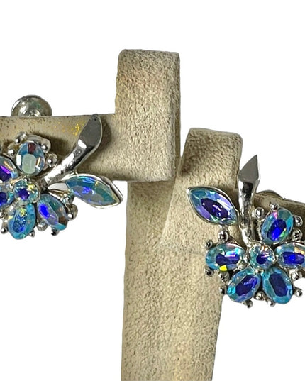 Vintage Blue AB crystal Avon flower screw back earrings