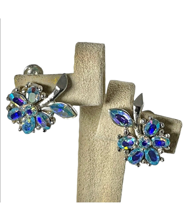 Vintage Blue AB crystal Avon flower screw back earrings