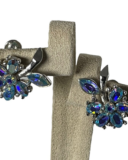 Vintage Blue AB crystal Avon flower screw back earrings