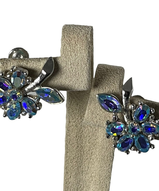 Vintage Blue AB crystal Avon flower screw back earrings