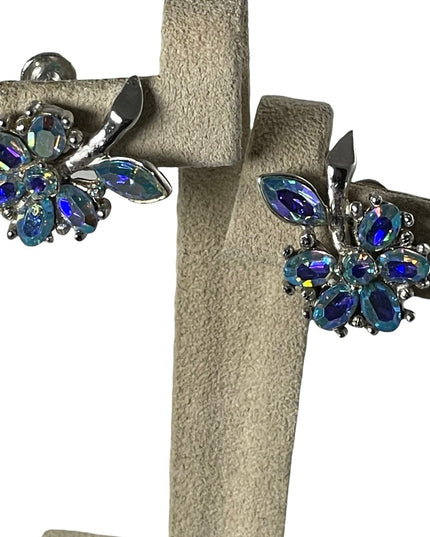 Vintage Blue AB crystal Avon flower screw back earrings