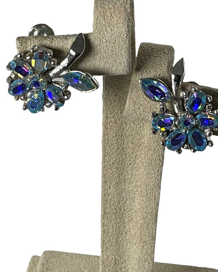 Vintage Blue AB crystal Avon flower screw back earrings