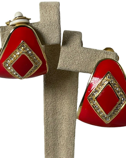 Vintage  1980s Crystal rhinestone red enamel clip on earrings