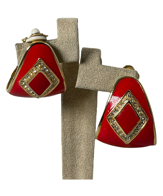 Vintage  1980s Crystal rhinestone red enamel clip on earrings