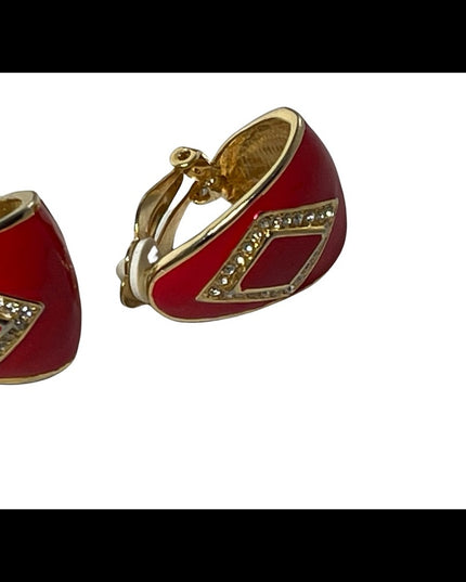 Vintage  1980s Crystal rhinestone red enamel clip on earrings