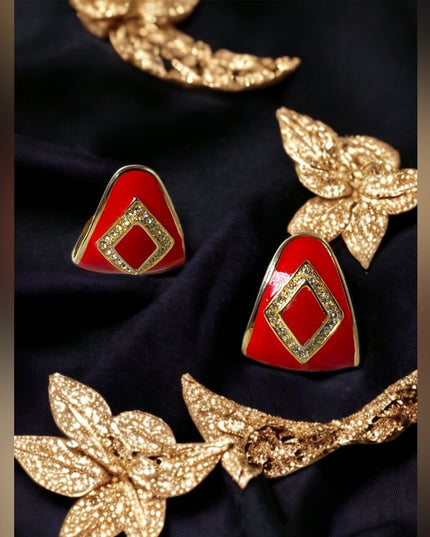 Vintage  1980s Crystal rhinestone red enamel clip on earrings