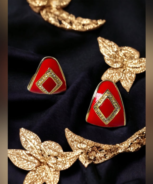 Vintage  1980s Crystal rhinestone red enamel clip on earrings