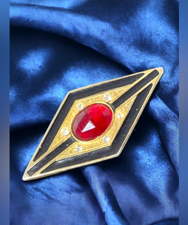 - Art Deco style gold finish black enamel ruby red crystal bar brooch