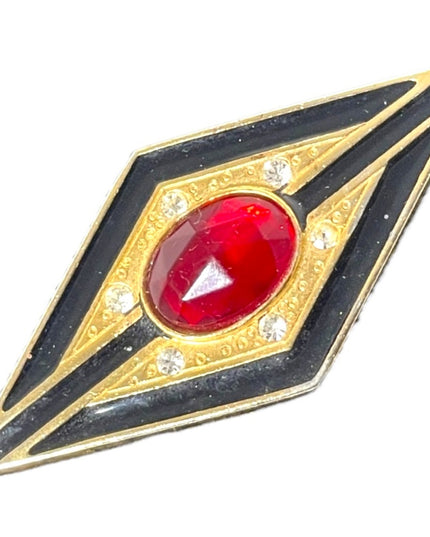 - Art Deco style gold finish black enamel ruby red crystal bar brooch